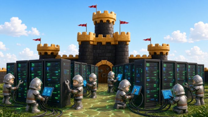 A digital illustration depicts a medieval castle surrounded by rows of server racks, with armored knights holding laptops and tablets as if defending the fortress.