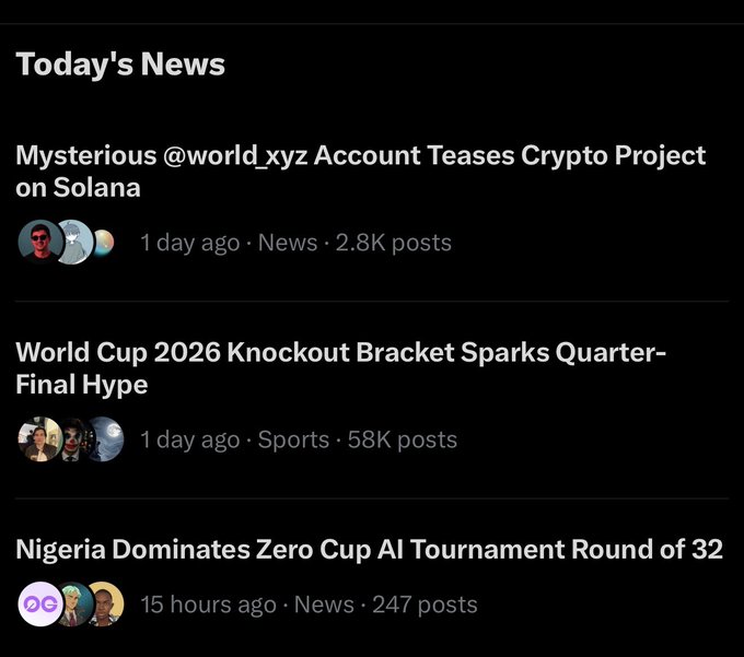 This image shows a news feed with the headline "Mysterious @world_xyz Account Teases Crypto Project on Solana," which aligns with the post's hype around the @world_xyz crypto project. The news item has 2.8K posts and was published 1 day ago under the "News" category.