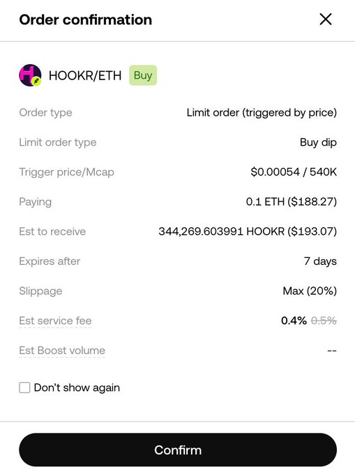 An order confirmation screen for a 'HOOKR/ETH' buy order, showing a limit order with a trigger price of $0.00054, paying 0.1 ETH ($188.27) to receive 344,269.60 HOOKR tokens.
