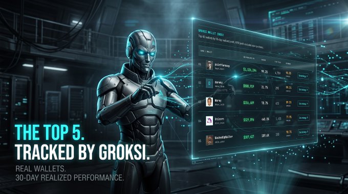 A futuristic robotic figure examines a digital screen displaying wallet performance data, with text reading "THE TOP 5. TRACKED BY GROKSI. REAL WALLETS. 30-DAY REALIZED PERFORMANCE."