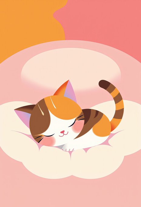 A cute cartoon illustration of a sleeping calico kitten resting on a fluffy white cushion with a pink and orange background.