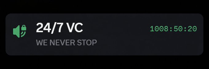 A black status banner with a green speaker icon reading '24/7 VC - WE NEVER STOP' alongside a running timer of '1008:50:20'.