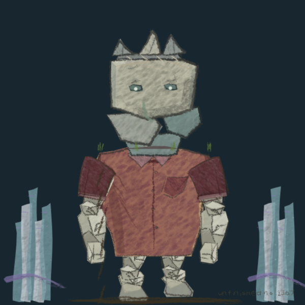 A crude hand-drawn digital illustration of a blocky robot character wearing a crown and a red shirt, standing against a dark background with blue crystal-like structures on either side.