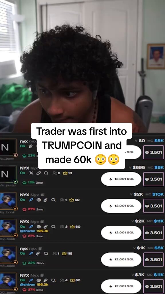 The image contains a screenshot of a social media post with an emphasis on Trumpcoin. The focus of the post is on the first time the Trader was into Trumpcoin, stating that the Bitcoin-like coin was made 60,000 Sols. This is the main point in the image and indicates that there has been a significant investment or transaction involving Trumpcoin among users.