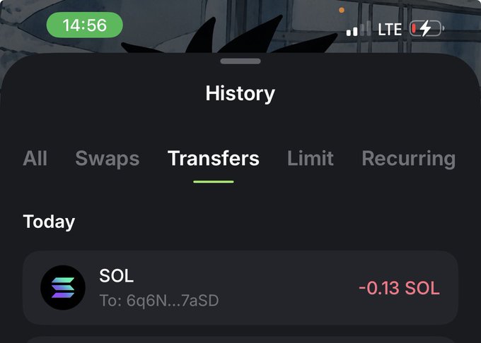 A smartphone screenshot shows a cryptocurrency transaction history on the "Transfers" tab, displaying a sent transfer of -0.13 SOL to address 6q6N...7aSD earlier today. The image appears to be proof of the $10 SOL payment mentioned in the post, shared as a receipt for the sender.