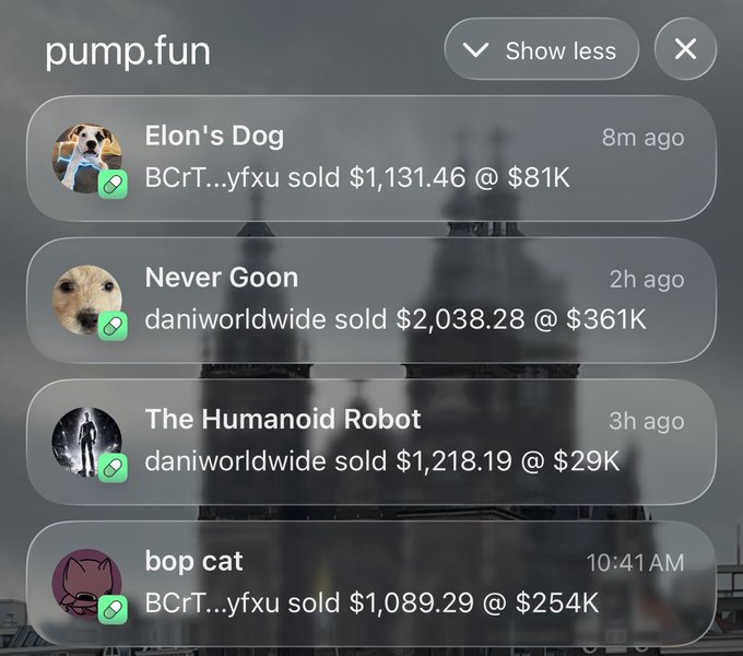 A pump.fun mobile notification overlay displays recent memecoin sales, including "Elon's Dog" ($1,131.46 @ $81K), "Never Goon" ($2,038.28 @ $361K), "The Humanoid Robot" ($1,218.19 @ $29K), and "bop cat" ($1,089.29 @ $254K). The notifications align with the post's claim of "best trending, best notifications, best fills, all coins," showcasing real-time alerts and successful trade executions across multiple tokens.