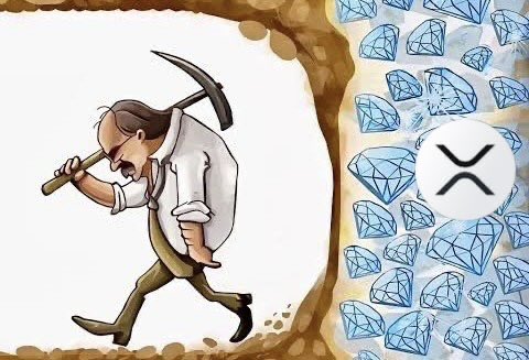 The image features a cartoon man holding a shovel, walking through a pile of diamonds. The caption above the image reads "MOST OF $XRP HOLDERS RIGHT NOW: REMEMBER THAT GOOD THINGS ALWAYS TAKE TIME - WE ARE CLOSER THAN EVER!". This message emphasizes that good things take time and patience, just like the process of mining for valuable resources such as diamonds.
