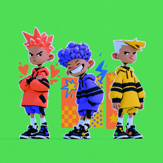 A vibrant illustration of three stylized cartoon characters with bold hair, colorful oversized hoodies, and chunky sneakers, posed confidently against a bright green background with graphic accents—fitting the upbeat "gm" (good morning) vibe of the post.