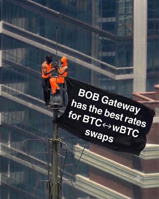 Two workers in orange safety gear sit on a high antenna structure, with one holding a large black banner that reads 'BOB Gateway has the best rates for BTC↔wBTC swaps' against a city skyline background.