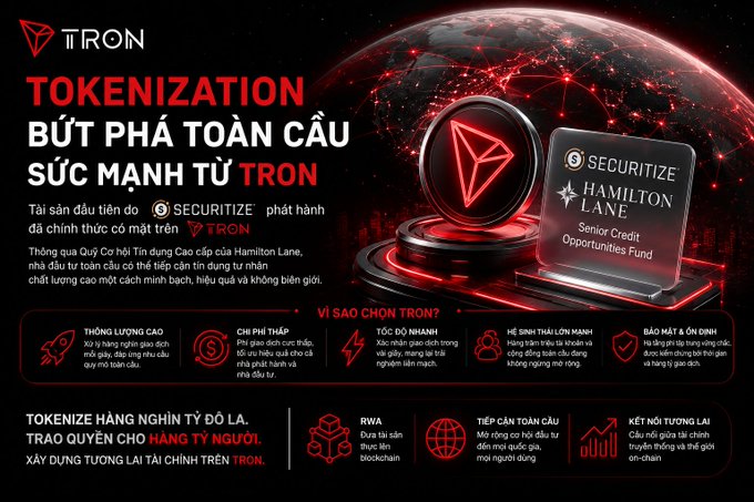 The image features a poster for a cryptocurrency called "TRON" with a red background, white text, and a logo of a triangle. The poster also includes information about tokenization and blockchain technology. The main focus of the poster is a coin named "TRON", which is displayed in the center along with other coins such as "Securitize phát hành chính thức có mặt trên" (securitize blockchain technology) and "viet năng khai trên mô toàn cầu". The poster is set against a black background, making the white text stand out.