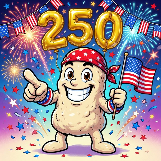 A colorful cartoon illustration of a smiling anthropomorphic peanut character wearing an American flag bandana, holding a US flag, with gold '250' balloons and patriotic fireworks in the background.