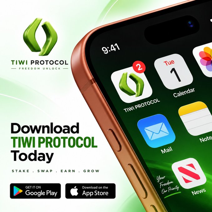 An advertisement for "TIWI PROTOCOL" promoting their mobile app with the tagline "FREEDOM UNLOCK" and features "STAKE . SWAP . EARN . GROW", available on Google Play and the App Store.