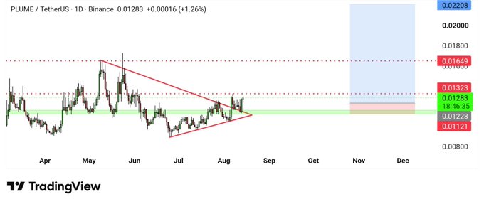 The chart displays PLUME/TetherUS (PLUMEUSDT) trading at $0.01283 on Binance with a 1.26% gain, showing a daily timeframe with a descending triangle pattern that has broken out upward, with the post anticipating a 20-30% short-term move after a successful retest of the breakout level near $0.01283.