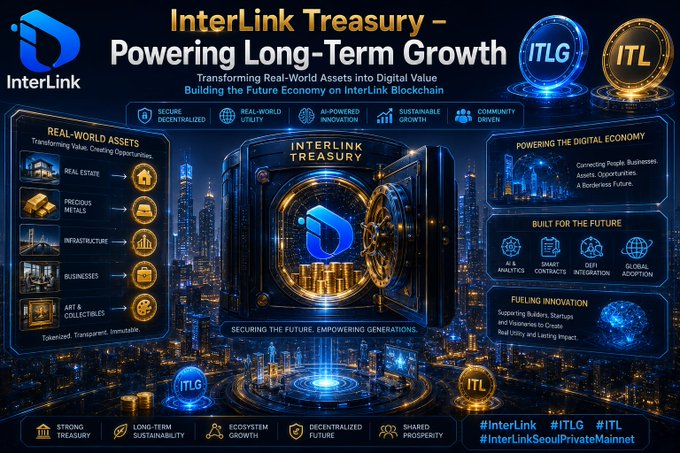 A promotional graphic for 'InterLink Treasury - Powering Long-Term Growth' with the ticker ITLG, featuring sections on Real-World Assets, Digital Economy, and AI Integration against a futuristic cityscape background.