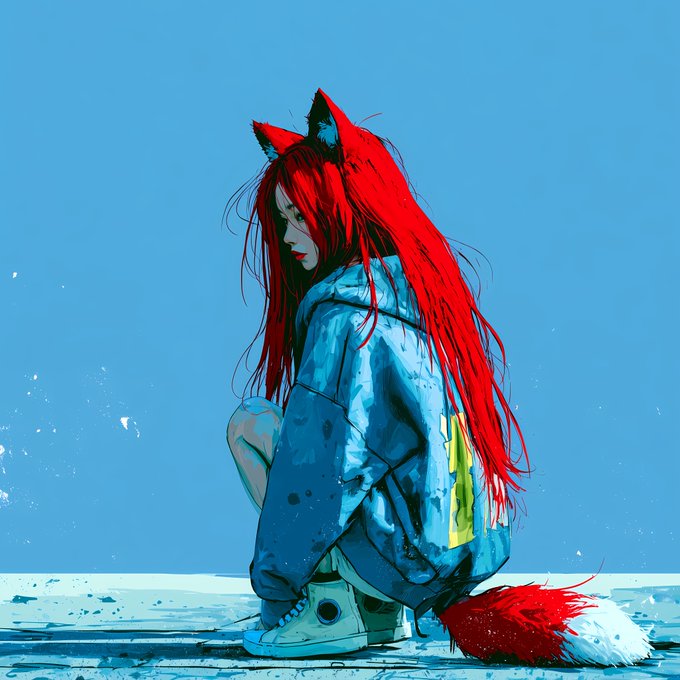 An anime-style illustration shows a figure with fox ears and a red tail crouching against a blue background, featuring long red hair and an oversized blue jacket.