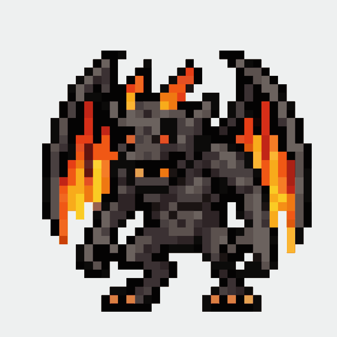 A pixel art sprite of a horned, demonic creature with dark gray skin and orange and red fiery accents on its shoulders and horns.