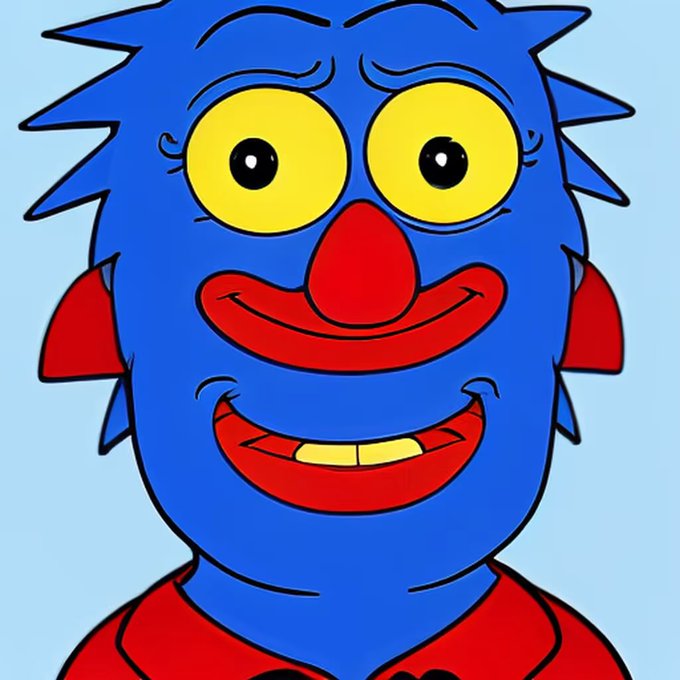 A surreal cartoon face featuring a blue fuzzy textured head with yellow eyes, a red clown-like nose, and wide red lips showing teeth, set against a light blue background.