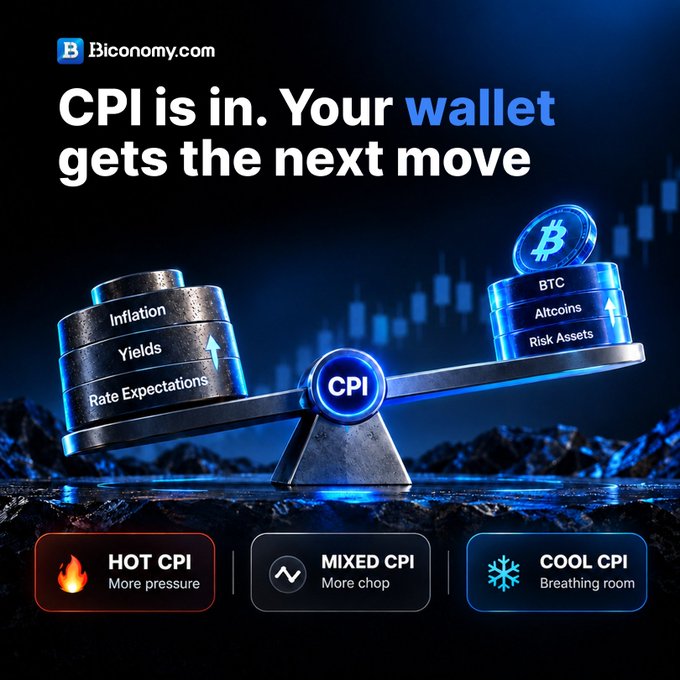 Biconomy.com infographic titled 'CPI is in. Your wallet gets the next move' showing a balance scale weighing Inflation/Yields/Rate Expectations against BTC/Altcoins/Risk Assets, with categories for Hot, Mixed, and Cool CPI.