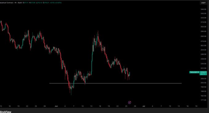 A 4-hour candlestick chart of Bittensor (TAOUSD) on Bybit shows the price declining from around $310 to approximately $214.13, with a horizontal support line drawn near $200, aligning with the trader's post about waiting for a dip to $200 for a potential entry.