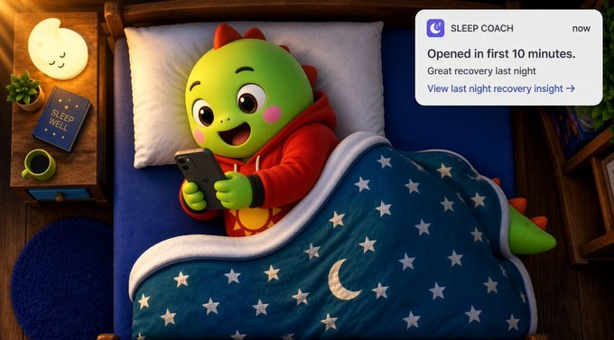 An illustration of a green dinosaur character in a red hoodie lying in bed using a phone, with a Sleep Coach app notification reading 'Opened in first 10 minutes. Great recovery last night'.