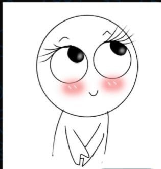 A simple line-drawn cartoon face with big eyes, long eyelashes, blushing cheeks, and a small smile, appearing to stand with arms folded.