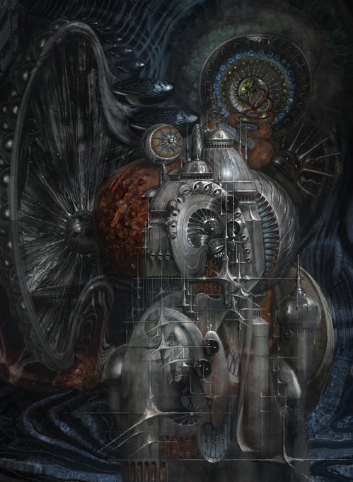 A dark, surreal biomechanical artwork featuring intricate metal structures, gears, and organic forms in a Lovecraftian/biomechanical style.