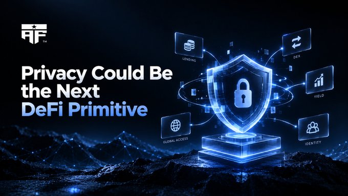 A futuristic digital graphic titled 'Privacy Could Be the Next DeFi Primitive' featuring a glowing blue shield with a lock icon, surrounded by icons for lending, DEX, yield, identity, and global access.