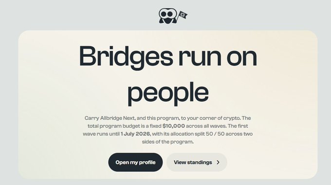 A digital card with a panda logo titled 'Bridges run on people', promoting a $10,000 crypto referral program by Carry Allbridge Nxxt running until 1 July 2026, with buttons to 'Open my profile' and 'View standings'.