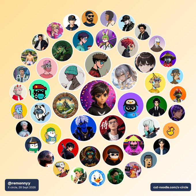 An X Circle illustration poster by '@remonnyy' dated 28 Sept 2026, featuring a large cluster of circular character avatars arranged in a heart-like pattern, including Original Penguin, meerkats, elves, anime characters, and various illustrated figures, linked via 'cut-noodle.com/x-circle.'