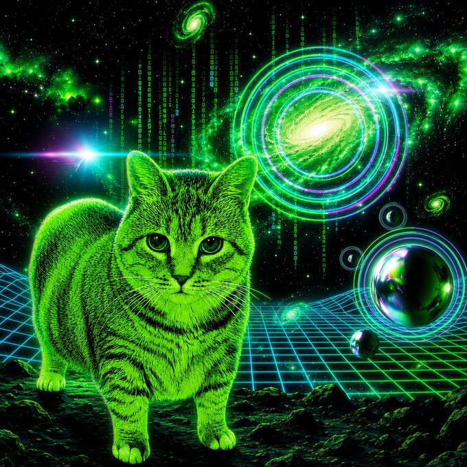 A neon green cat stands on a cosmic landscape surrounded by glowing galaxies, planets, and streams of cascading binary code against a vibrant green synthwave grid backdrop, evoking a retro-futuristic "Matrix"-style aesthetic that visually represents $WHAT as a trippy, internet-age meme token.