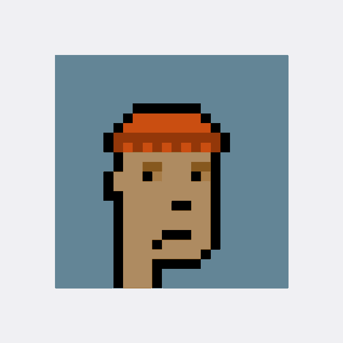 A pixel art style profile portrait of a character with tan skin wearing an orange beanie, set against a blue background with a white border.