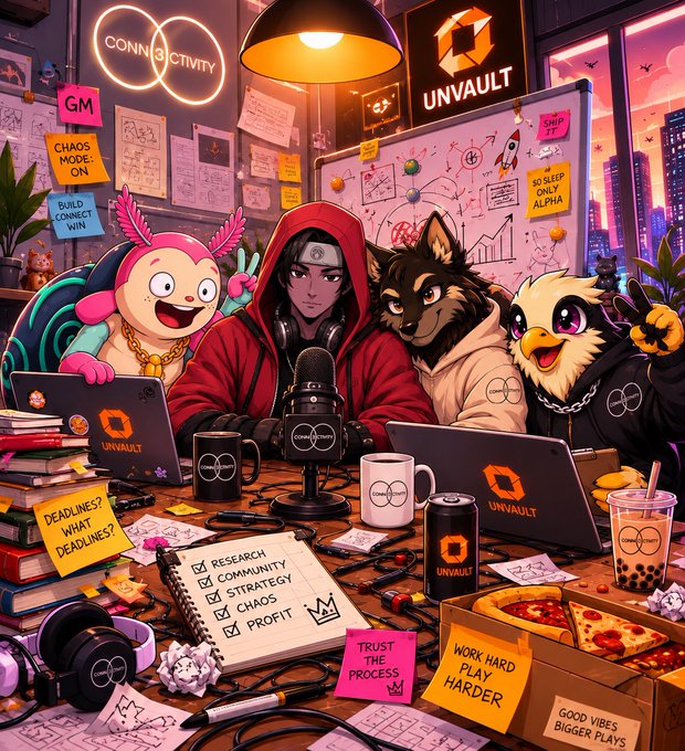 A vibrant illustration shows a hoodie-wearing figure working at a cluttered desk with laptops, a microphone, and pizza, flanked by three colorful furry/animal characters and sticky notes with phrases like 'CHAOS MODE ON', 'TRUST THE PROCESS', and 'UNVAULT'.