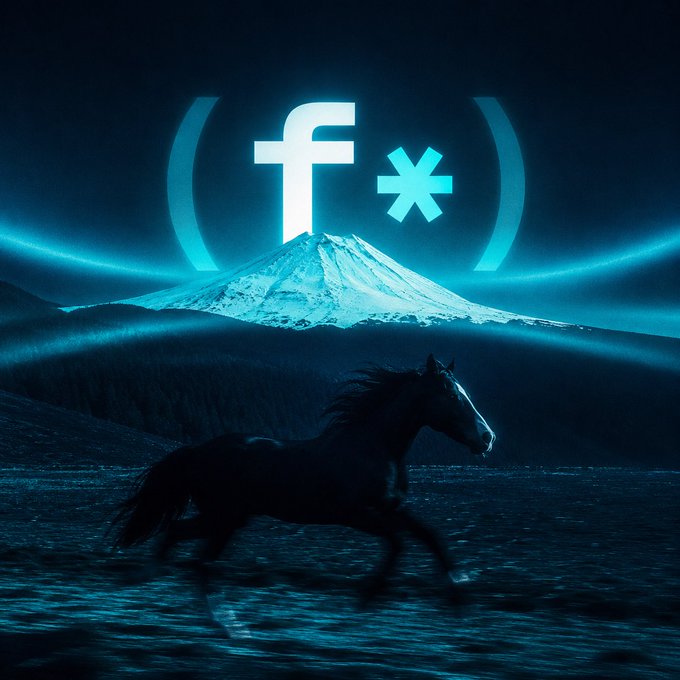 The image features a black horse running across a field, with a mountain range visible behind it. The background of the image has a blue hue, giving it an artistic touch. In the corner of the image, there's a white "F" symbol, which is part of a larger design that includes a mountain and a snowflake. This design also contains the text "f(x)".