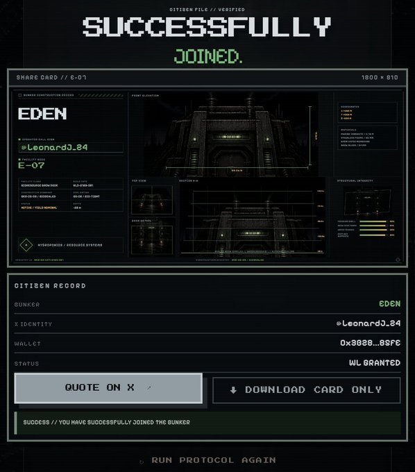 A pixelated "SUCCESSFULLY JOINED" confirmation screen displays a share card for "EDEN" bunker (E-07) assigned to user "@LeonardJ_84" with wallet "0x3838...85FE" and status "WL GRANTED," confirming a successful whitelist application for the free "Bunker Hood" NFT mint.