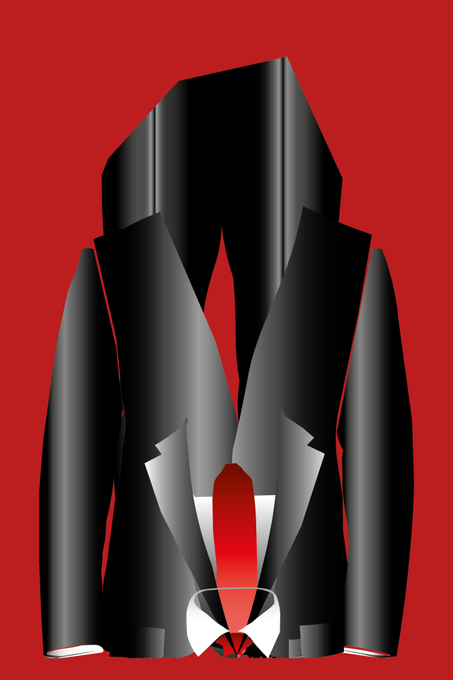 A stylized black suit jacket, white shirt, and red tie with a sleek, glossy appearance displayed on a solid red background.