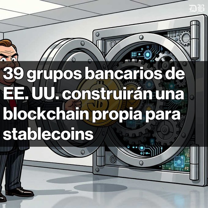 Editorial illustration showing a cartoon businessman standing next to a large open vault containing a gold dollar coin and circuit board technology, with Spanish text reading '39 grupos bancarios de EE. UU. construirán una blockchain propia para stablecoins'.