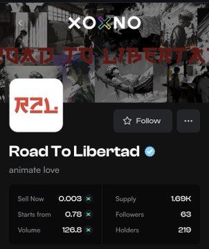 A webpage screenshot for 'Road To Libertad' (R2L), described as 'animate love,' showing sell now price of 0.003, with 1.69K supply, 63 followers, and 218 holders.