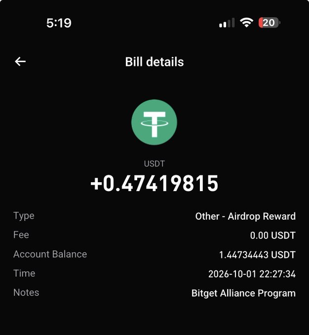 A smartphone screenshot showing a 'Bill details' page for an 'Other - Airdrop Reward' of +0.47419815 USDT via the 'Bitget Alliance Program'.