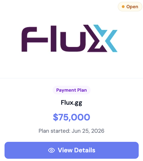 The image shows a "Payment Plan" notification from Flux.gg featuring the FLUX logo, displaying a total of $75,000 with a plan started on Jun 25, 2026, and a "View Details" button. This visually confirms the post announcing Flux.gg's $75,000 sale structured over 24 months through AtomHQ.
