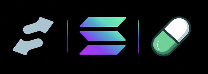 The image displays three icons separated by vertical lines: a pair of footprints on the left, the Solana logo (a stylized "S" with purple and teal gradient) in the center, and a pill capsule on the right. The icon arrangement visually represents the post's message about a cryptocurrency token called "STONK" dominating 90% of launchpad bonding curve volume and outperforming Pump.fun by 10x on the Solana blockchain.