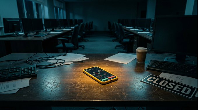 A dimly lit office space with rows of computer monitors features a foreground desk holding a smartphone displaying a chart, a coffee cup, scattered papers, and a 'CLOSED' sign.