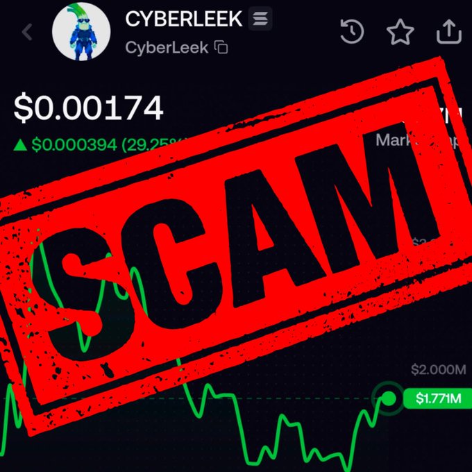 A screenshot of a trading chart for the cryptocurrency 'CyberLeek' priced at $0.000174, overlaid with a large red 'SCAM' stamp across the display.