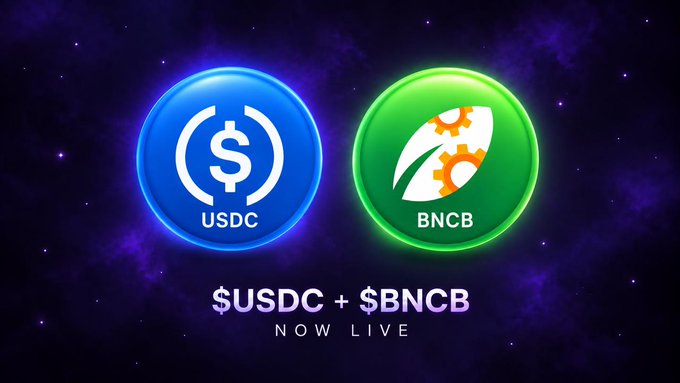 A promotional graphic featuring two glowing circular tokens against a purple cosmic background—blue "USDC" on the left and green "BNCB" on the right—with bold text below announcing "$USDC + $BNCB NOW LIVE," visually highlighting the launch of custom trading pairs on Monad as described in the post.