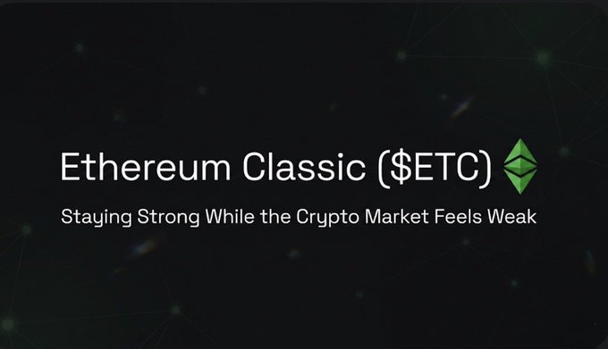 The image features a logo for Bitcoin Core, which is a cryptocurrency that was created in 2009 by Satoshi Nakamoto. The logo includes a green "E" symbolizing the word "Bitcoin", surrounded by a black background with white lines representing the Bitcoin network. The text on the image reads "Ethereum Classic (ETC) Staying Strong While the Crypto Market Feels Weak Even when the crypto market is going up and down, $ETC has been holding its value and moving in a steady range". This message emphasizes the stability of Bitcoin Core as an investment during uncertain times.