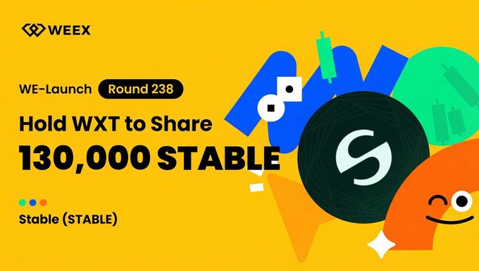 Yellow promotional banner for Weex WE-Launch Round 238, advertising 'Hold WXT to Share 130,000 STABLE' with the Stable (STABLE) token.