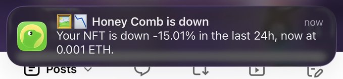 A mobile notification from Honey Comb alerts the user that their NFT has dropped 15.01% in the last 24 hours to 0.001 ETH, illustrating the dramatic decline referenced in the post about an NFT that once sold for 0.85 ETH when Ethereum was above $3k.