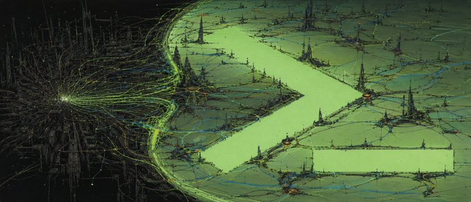 A digital artwork showing a glowing green 'Z' shape emerging from a textured, dark green landscape.