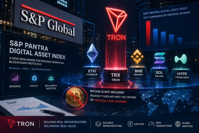 A promotional graphic for the 'S&P PANTRA DIGITAL ASSET INDEX,' a blockchain protocol revenue benchmark, featuring TRON (TRX) as the central highlighted asset alongside ETH, BNB, SOL, and HYPE, with a note that Bitcoin is excluded.