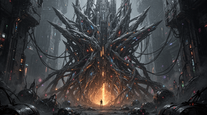 The image features an artist's rendering of a cityscape with a large, metallic structure at its center that appears to be glowing orange. The structure has numerous cables extending outwards from it, creating a complex network throughout the scene. In front of this glowing structure, there is a person standing and looking towards the sky. The post also includes a link to @CNPYNetwork on the bottom right corner.