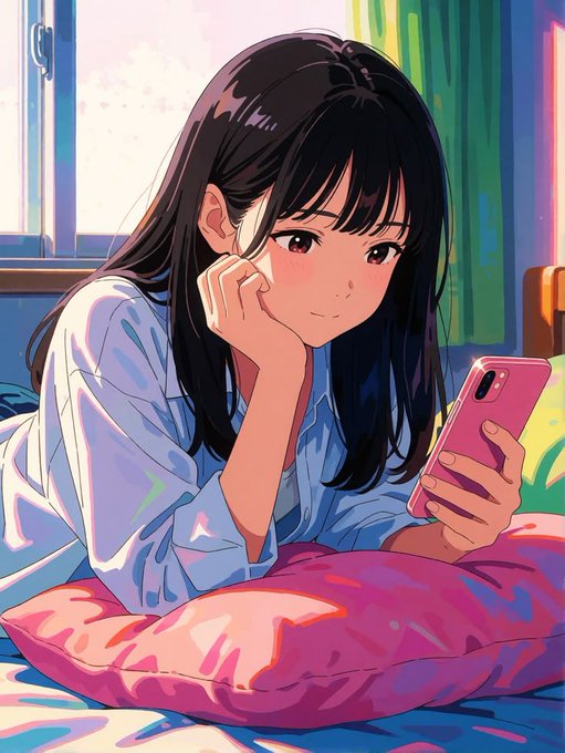 An anime-style illustration depicts a young woman with long black hair wearing a white shirt, resting on a pink pillow while looking at a pink smartphone.